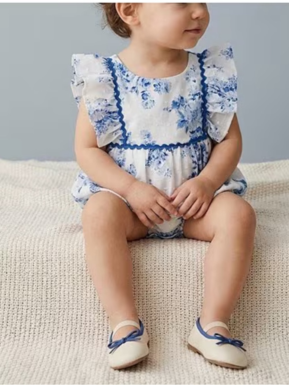 Pippa & Julie 3/6 Month Baby Girls Ruffle Floral Dot Bubble Romper Blue & White